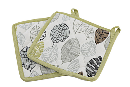 Two Fabric Pot or Pan Mats With Contemporary Green Leaf Print Design