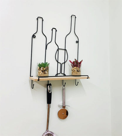 Wine Bottles Wall Shelf & 4 Hooks