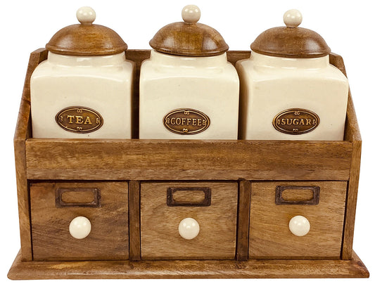 Three Ceramic Jars With Wooden Drawers