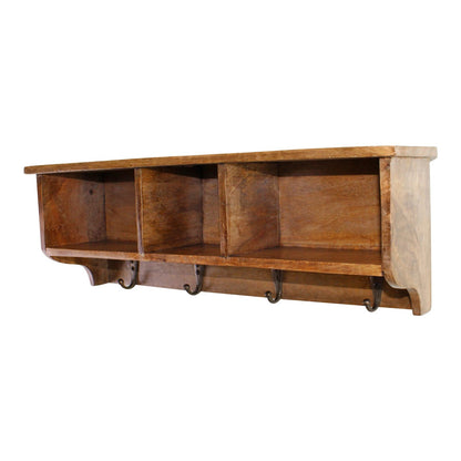 Mango Wood Wall Shelf With Storage Slots & 4 Hooks