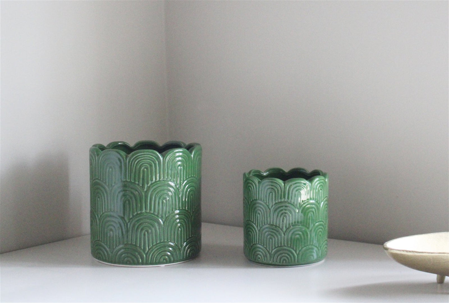 Set of Two Green Scalloped Planters