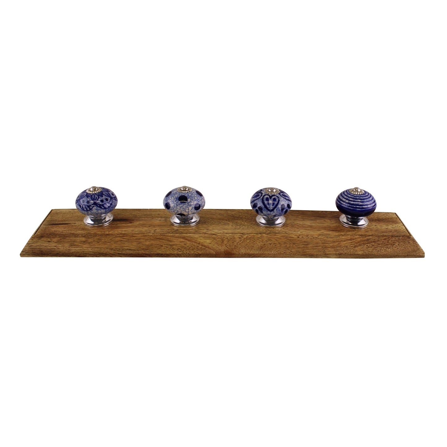 Blue & White Decorative Coat Hooks On Wooden Base