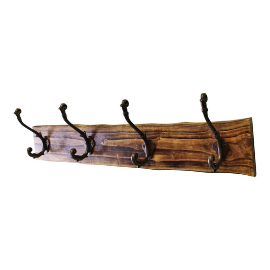 4 Double Coat Hooks On Natural Wooden Back