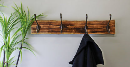 4 Double Coat Hooks On Natural Wooden Back