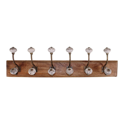 6 Double Ceramic Ivory Coat Hooks On Wooden Base