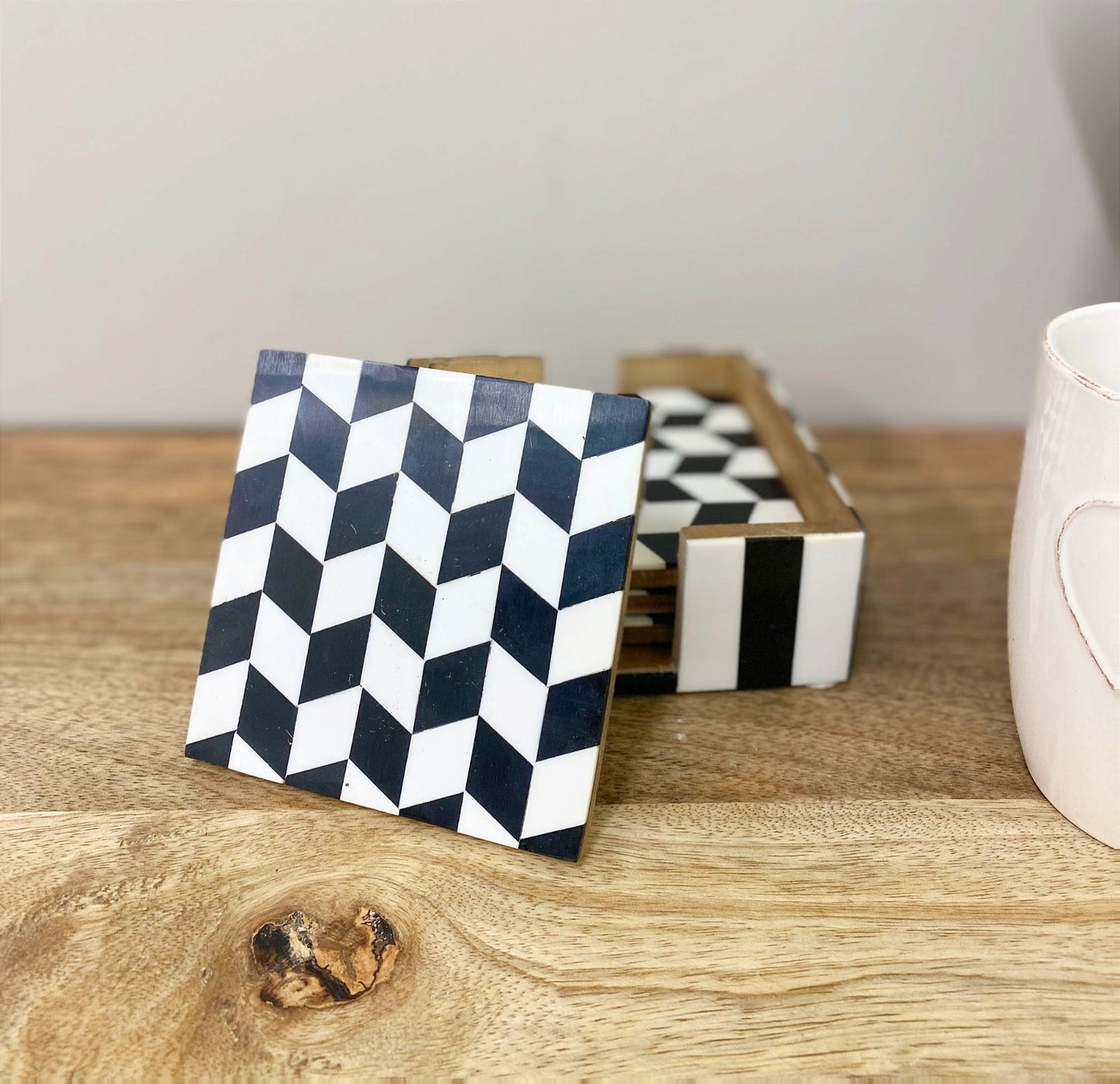 Pack of 4 Black & White Herringbone Wooden Coasters