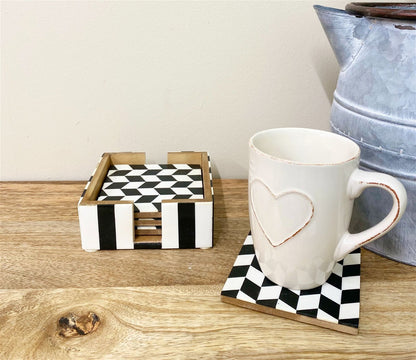 Pack of 4 Black & White Herringbone Wooden Coasters