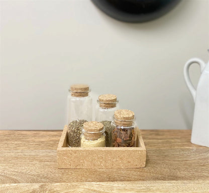 Cork Tray With Four Glass Bottles & Lids