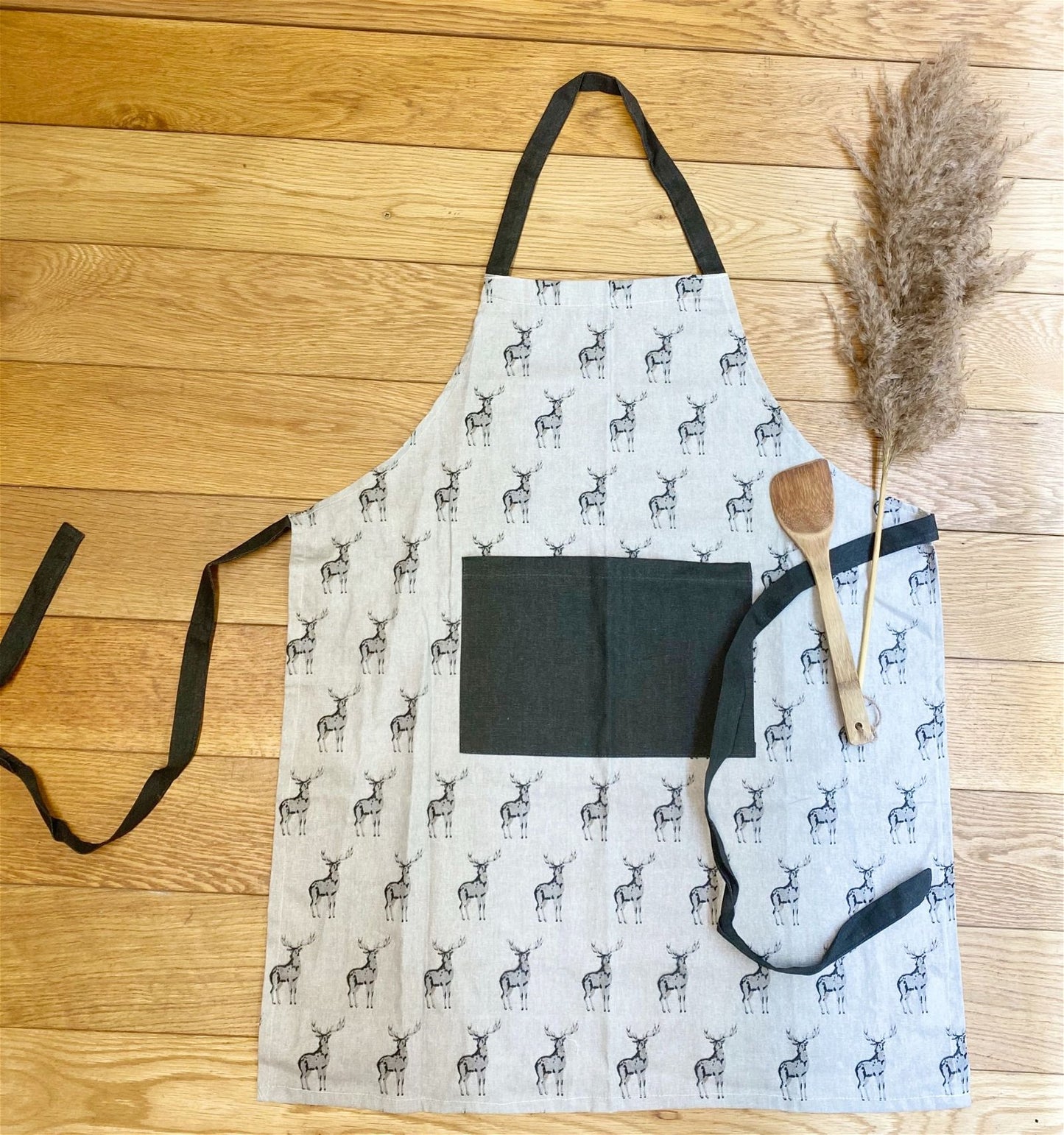 Grey Kitchen Apron With Stag Print Design