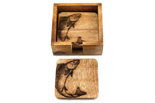 Set Of Four Wooden Engraved Salmon Coasters