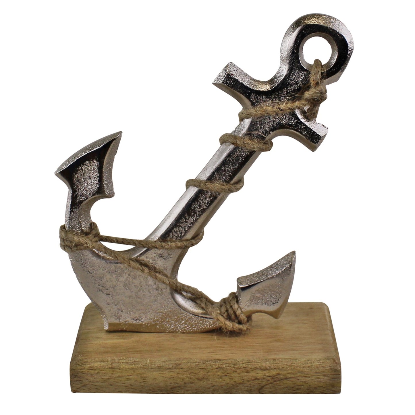 Silver Metal Anchor Ornament On Wooden Base