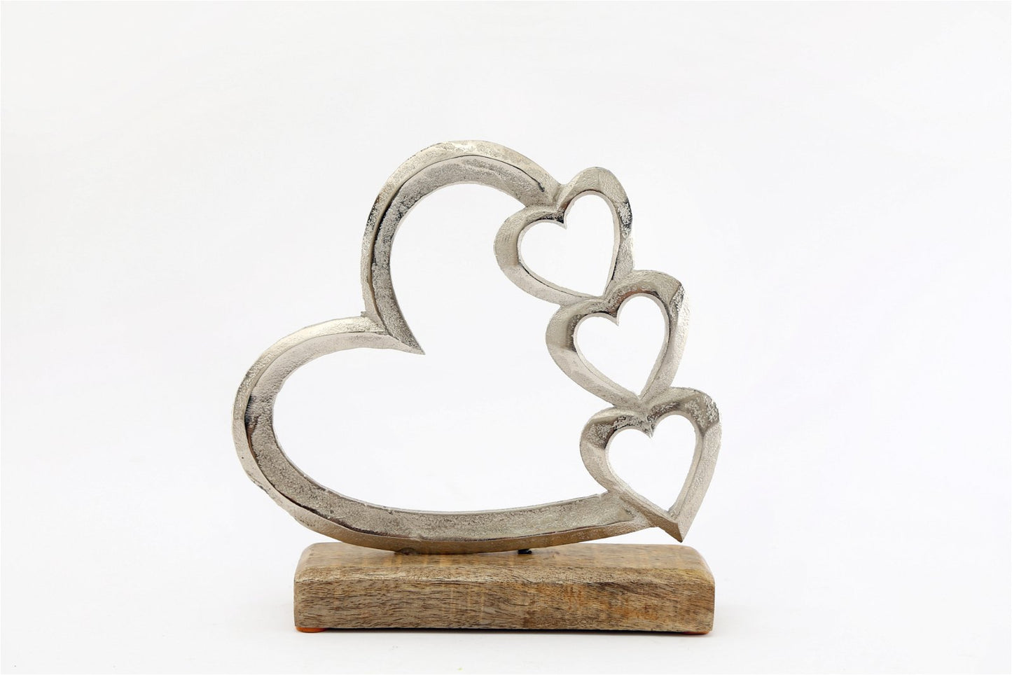 Metal Silver Four Heart Ornament On A Wooden Base Medium