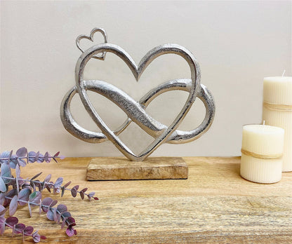 Metal Silver Entwined Hearts On A Wooden Base Large