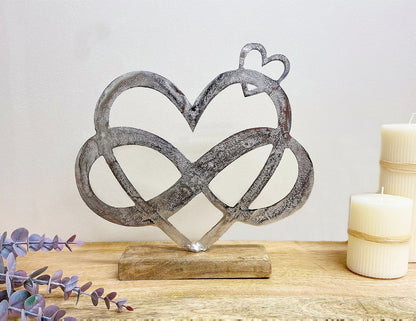 Metal Silver Entwined Hearts On A Wooden Base Large