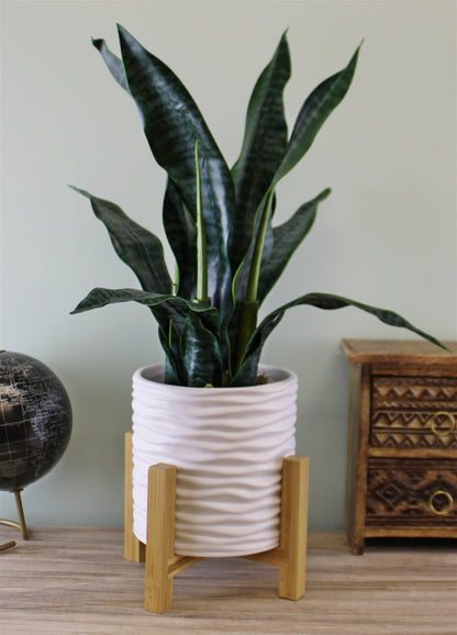 Small White Stoneware Planter On Wooden Stand