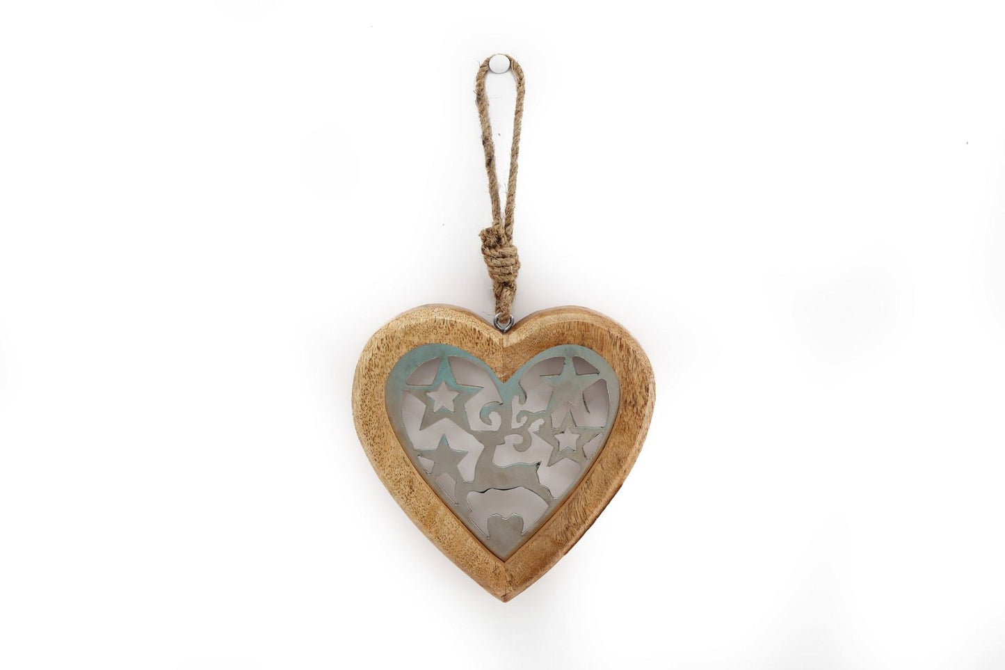 Small Wood Hanging Heart With Metal Reindeer & Stars