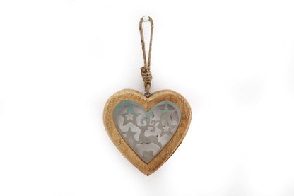 Small Wood Hanging Heart With Metal Reindeer & Stars