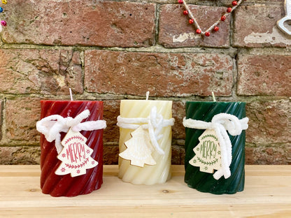 Three Twist Pillar Candles, Green, Cream & Red